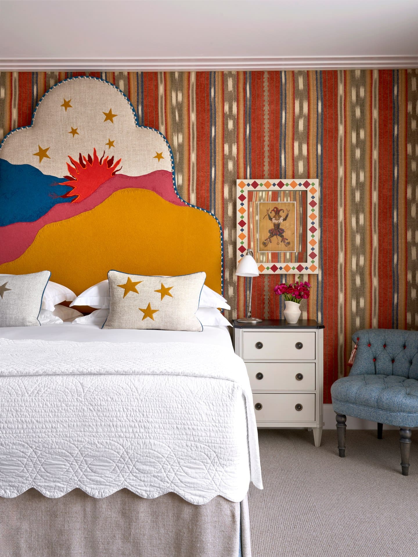A richly patterned headboard in a guest room at the Ham Yard hotel in London