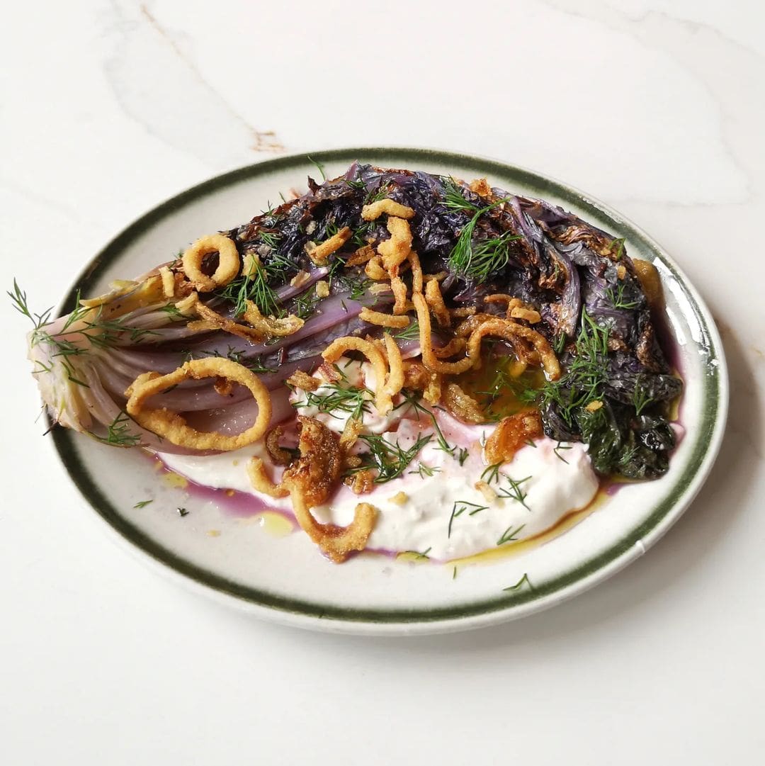 Roast scarvita cabbage dressed with labneh, brown butter, dill and crispy shallots from Camberwell Arms