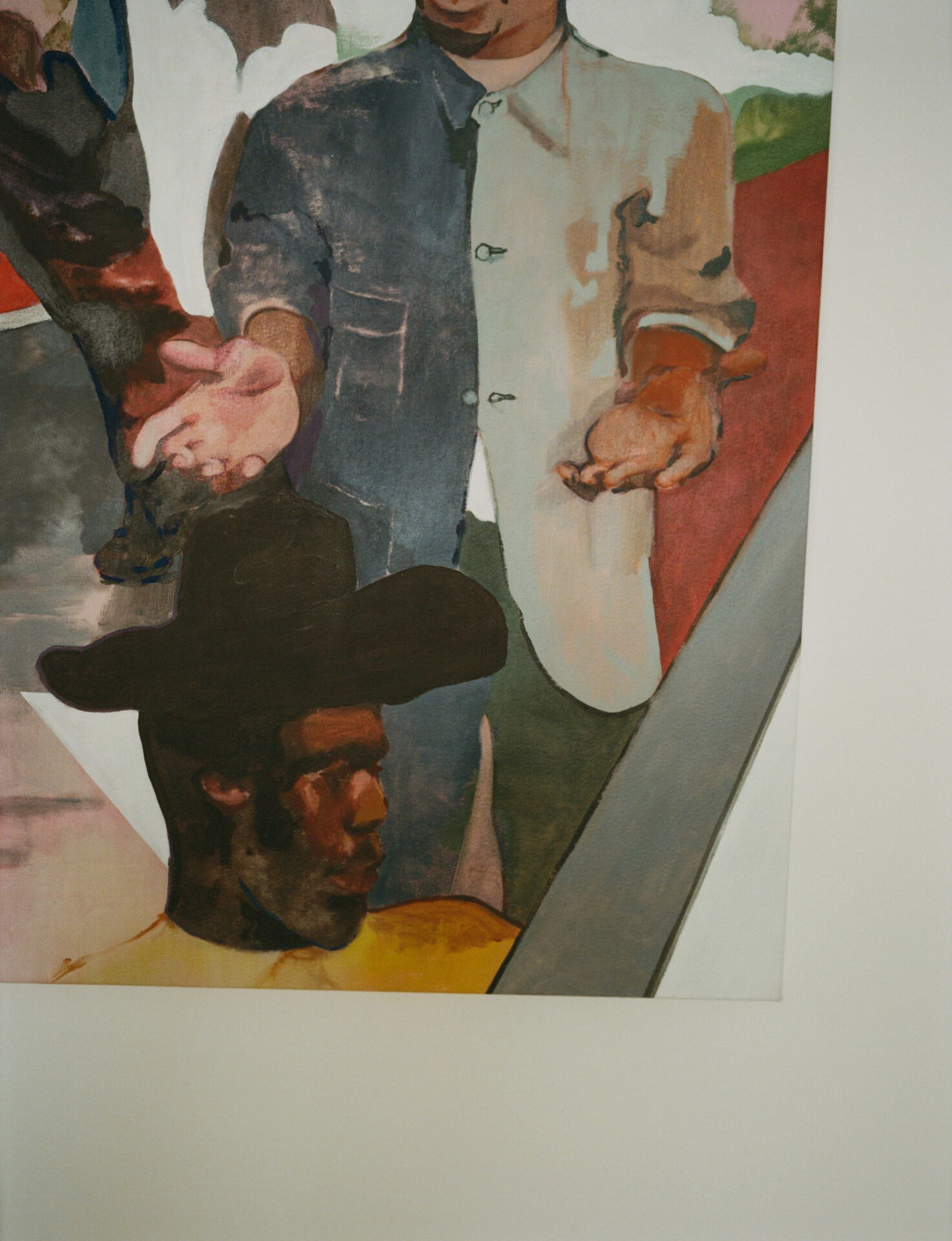 A painting of man in a crowd wearing a cowboy hat