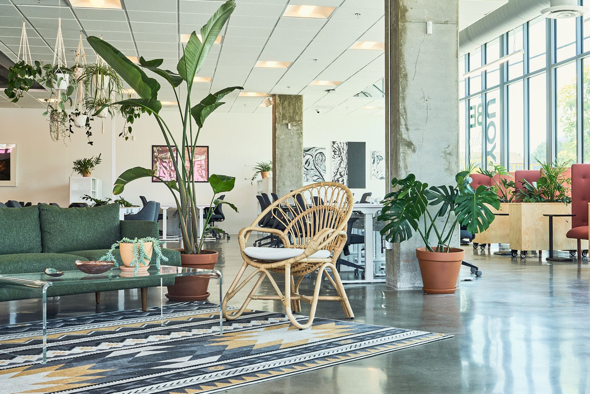 Best places to co-work in LA | An interior of YOUBE, where a wicker chair stands in the middle of a space with polished concrete floors, and a banana plant