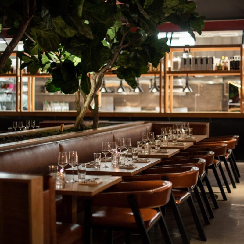 The best restaurants in LA | a view inside Grandmaster Recorders, where a large indoor tree reaches over a banquet sofa and five square tables, laid out with glasses and cutlery