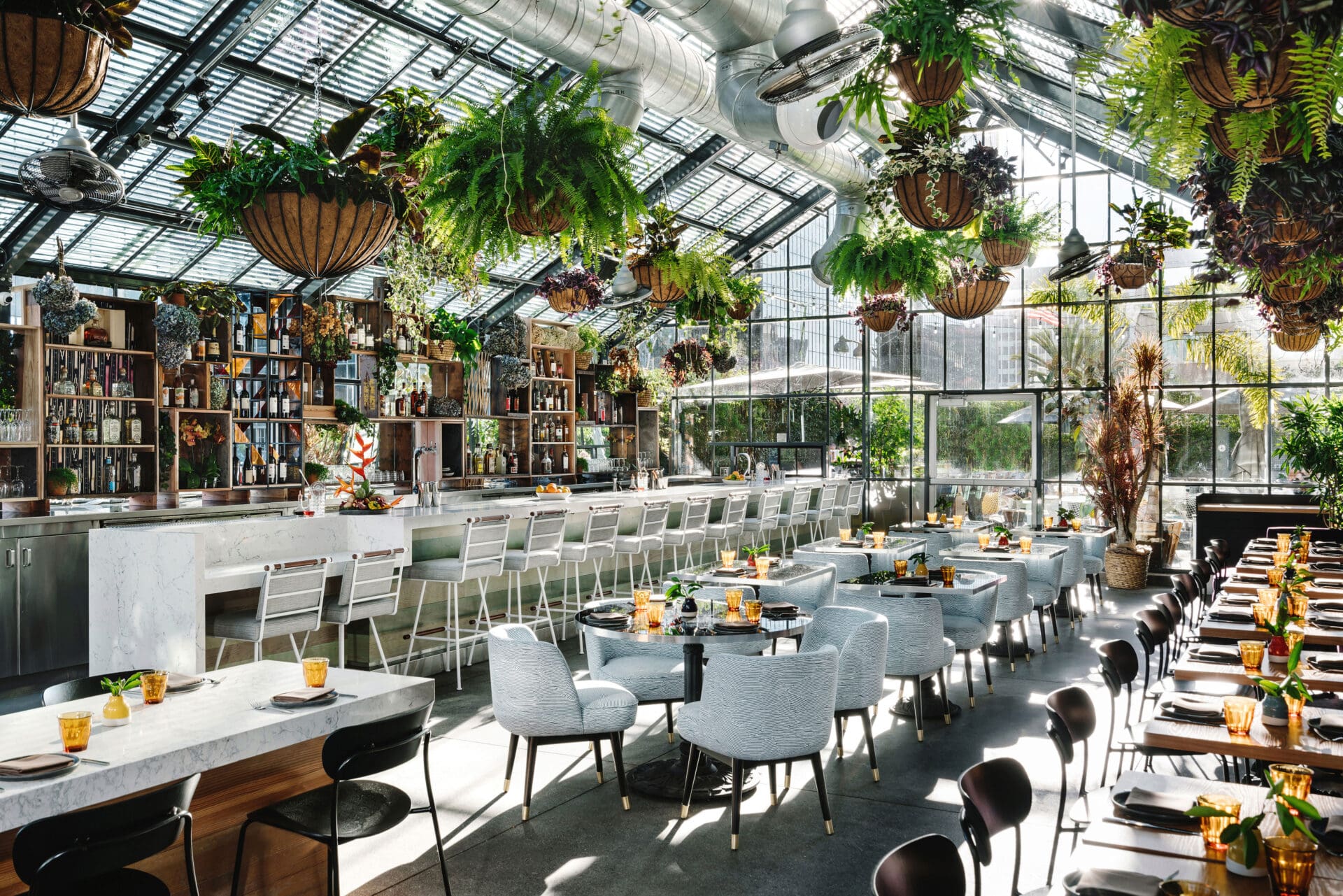 Best places to stay in LA | A restaurant scene inside the glass house Openaire restaurant at The Line Hotel in LA. Pot plants hang from the pitched glass roof, and a long bar with high chairs runs along the left. In the centre and right are two rows of tables and chairs, laid out for lunch