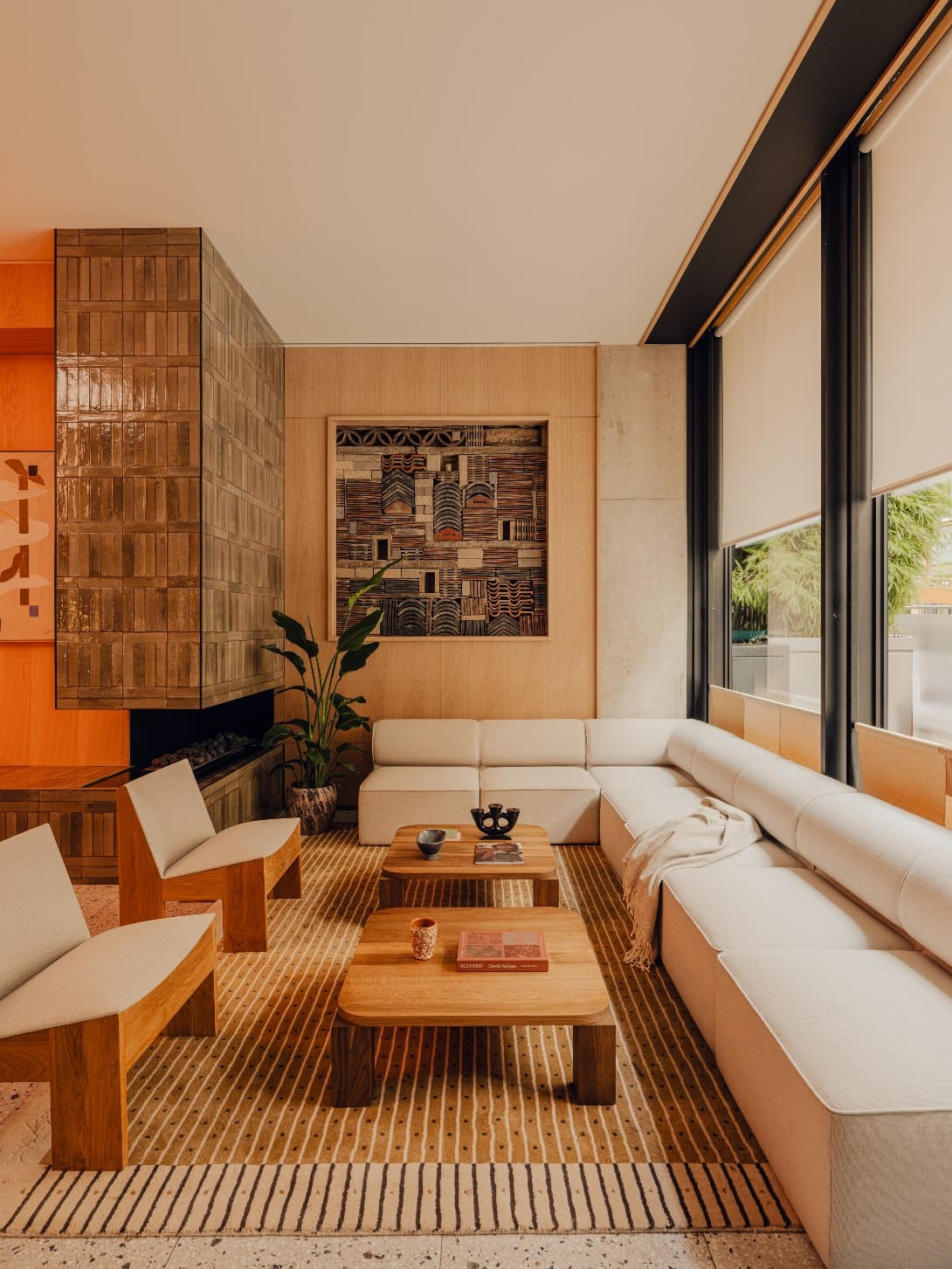 The lobby at Aethos London Shoreditch in warm, earthy tones