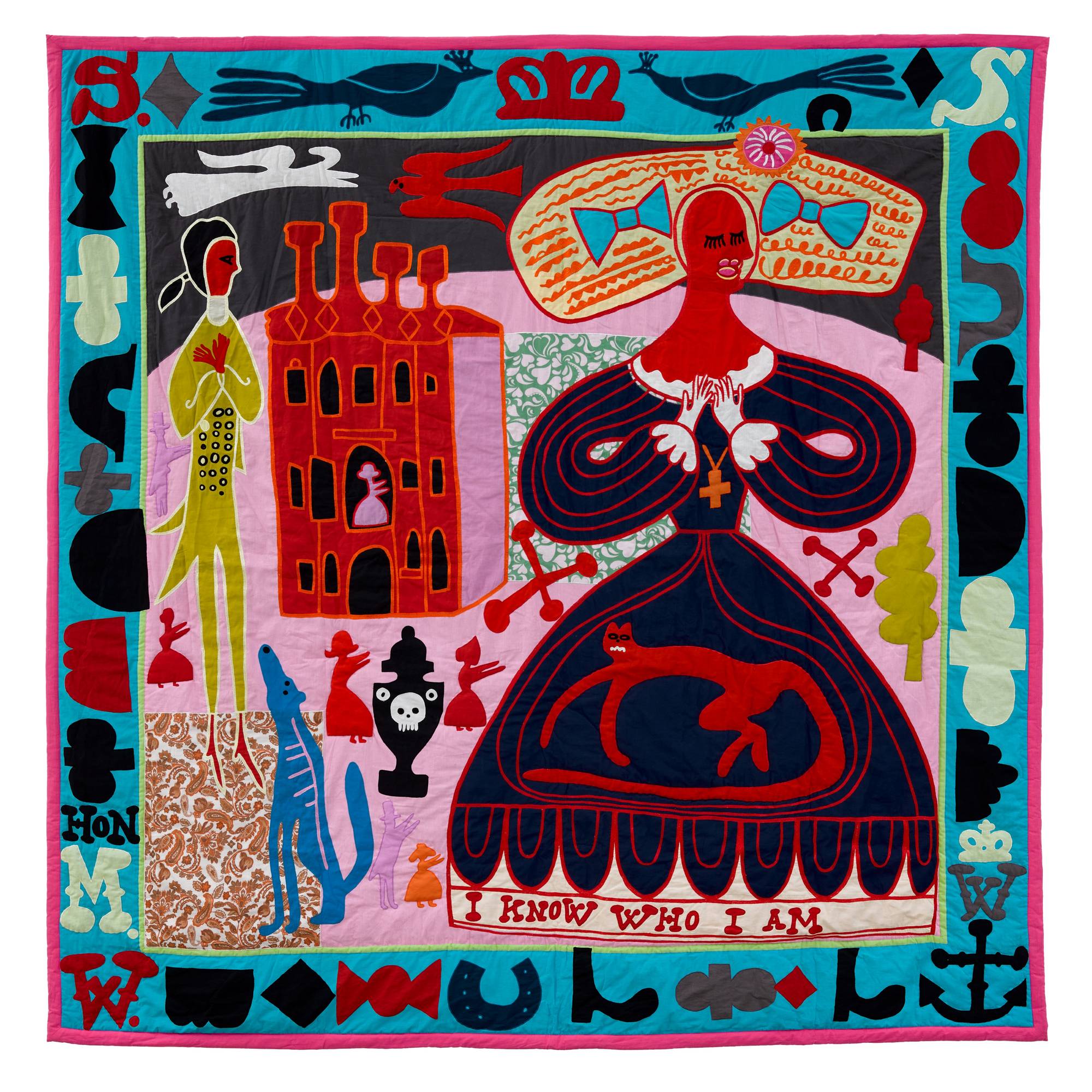 I know who I am bedspread by Grayson Perry, on display at the Wallace Collection