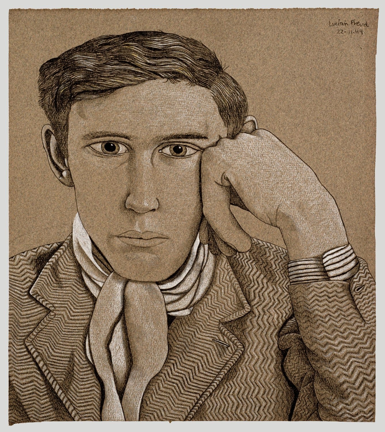 Portrait of a Young Man, 1944, Lucian Freud, Black crayon and chalk on paper. Courtesy of The Lucian Freud Archive