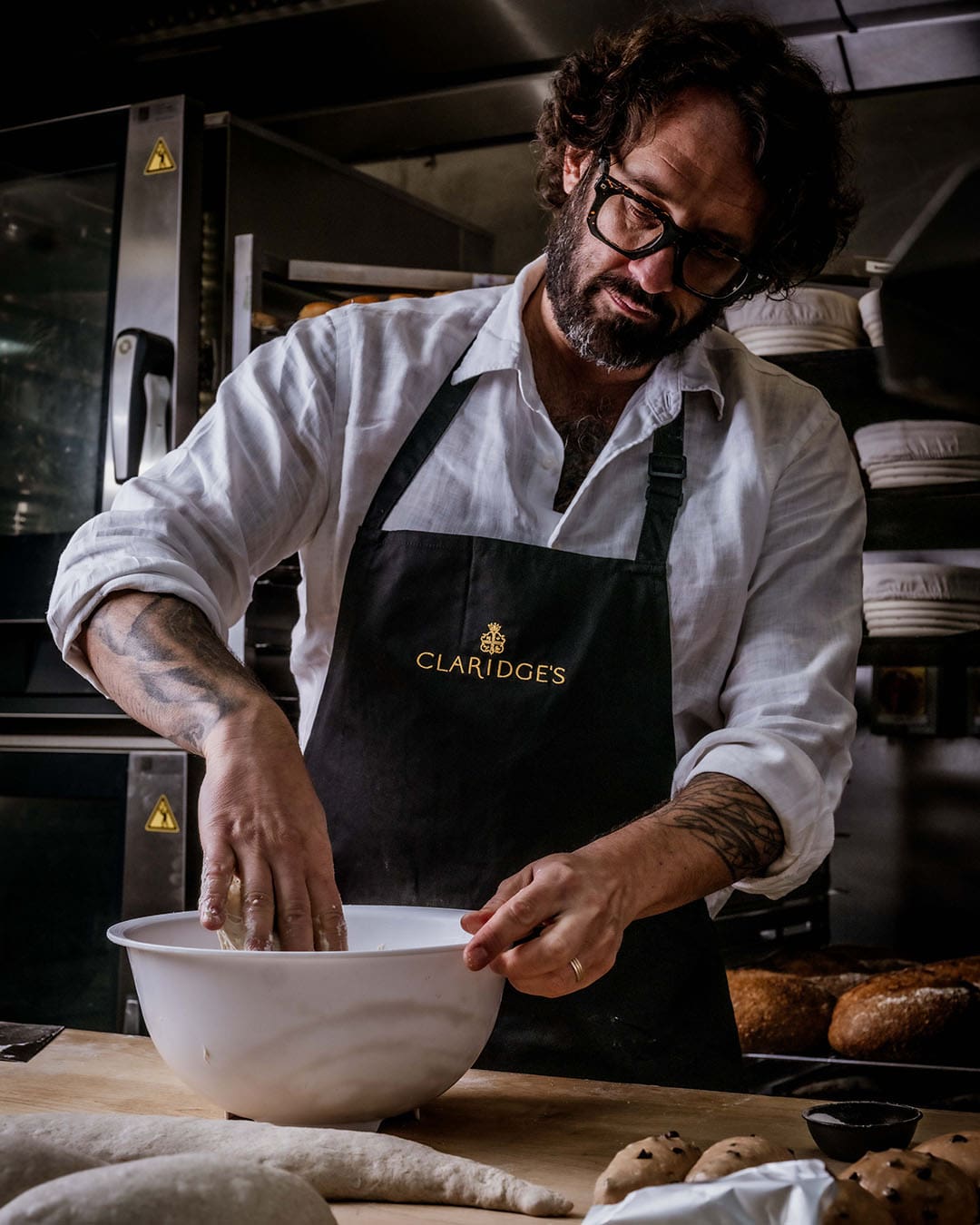 Richard Hart kneading bread at Claridge's Bakery
