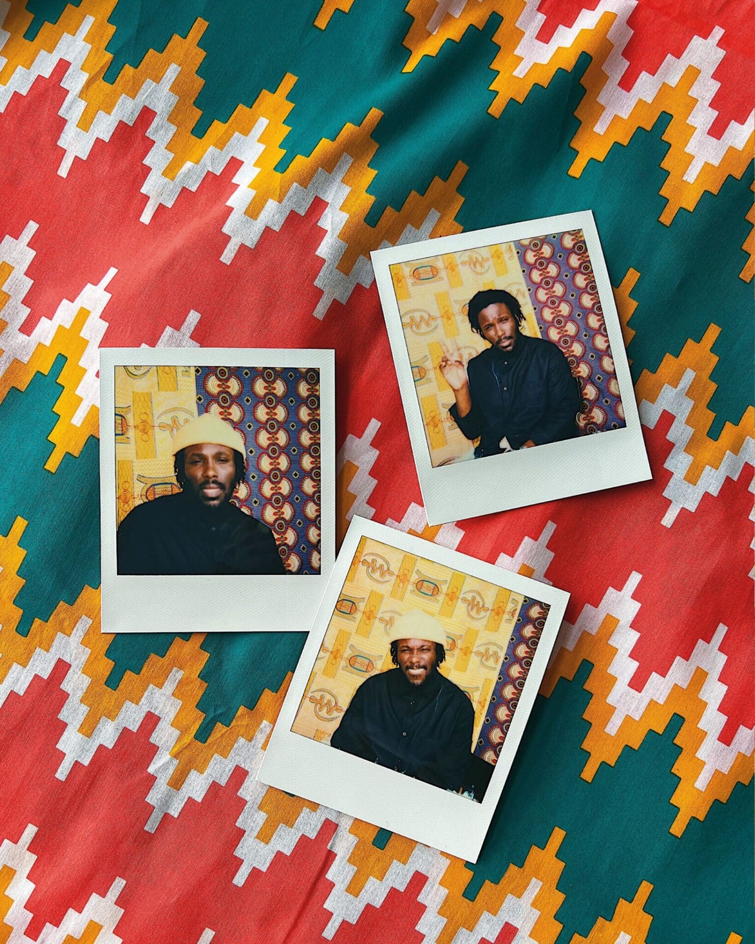Polaroid photographs of chef Akwasi Brenya-Mensa against a graphic fabric background