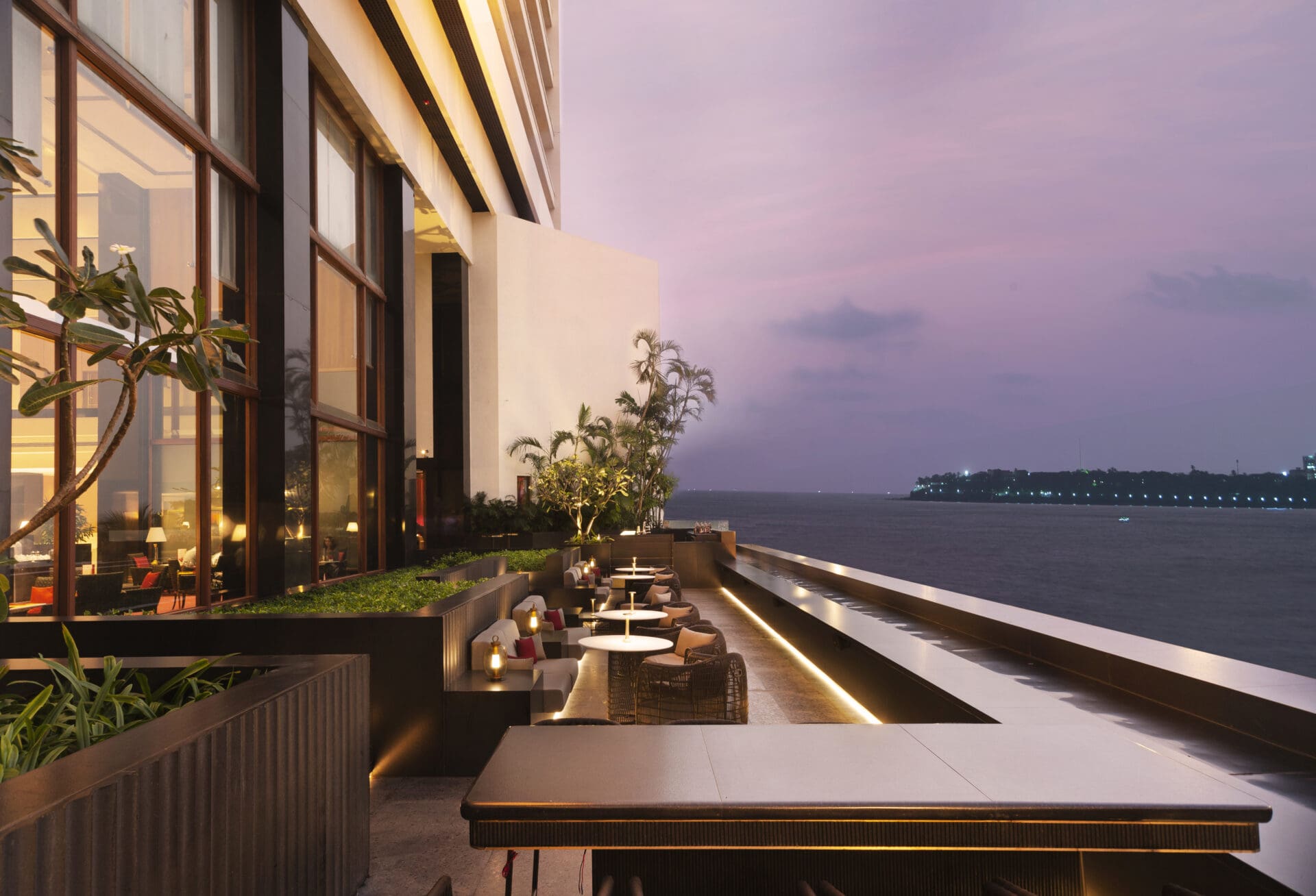 The best hotels in Mumbai | A view of the outdoor seating area at Eau Bar, at The Oberoi hotel in Mumbai.