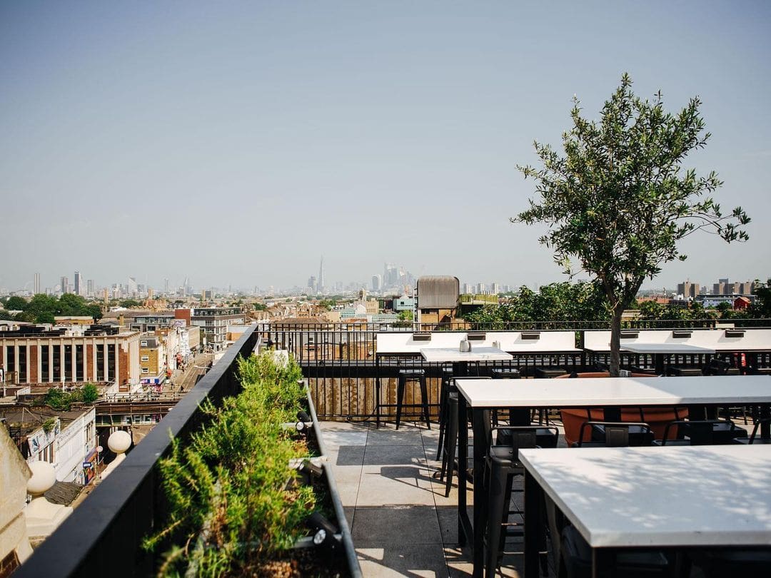 Best outdoor restaurants London | Forza Wine in Peckham's long square tables and a tree, overlooking London