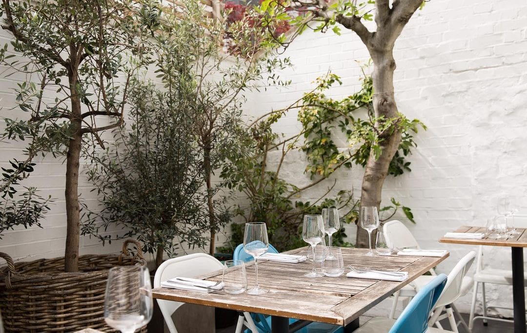 Best outdoor restaurants London | Mazi's terrace, with wooden tables and blue-accented furniture against white-washed walls, and greenery in the form of olive trees