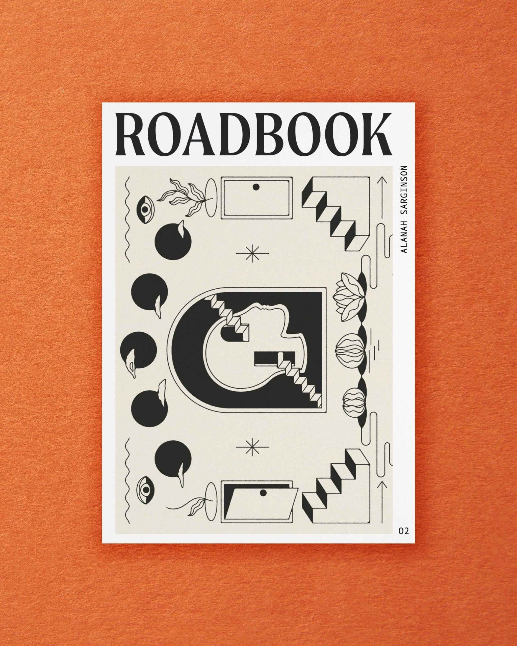 Postcards from ROADBOOK | a black and white tattoo-style design centred around a head motif