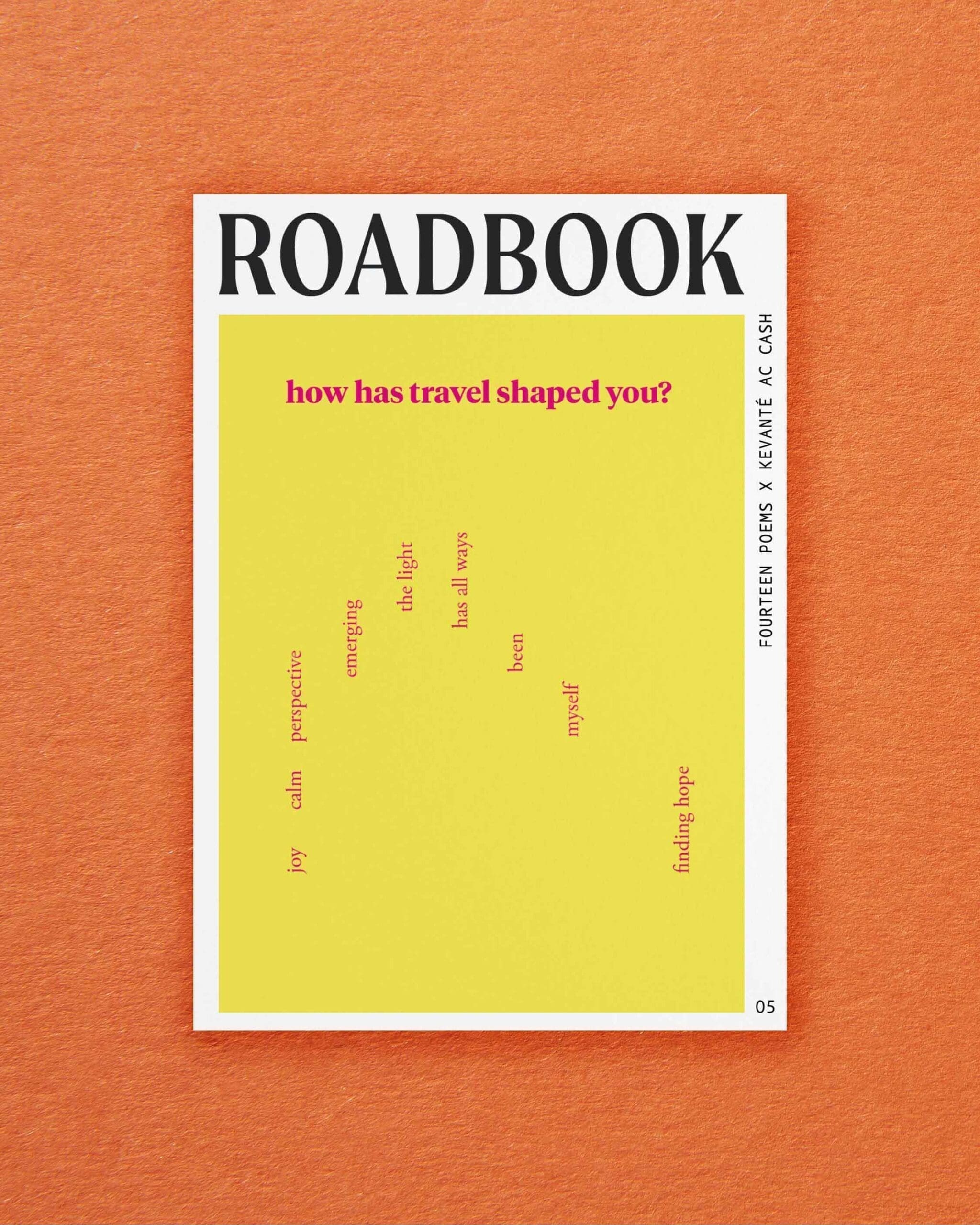 Postcards from ROADBOOK | A bright pink poem on a yellow background by Kevanté and 14 Poems