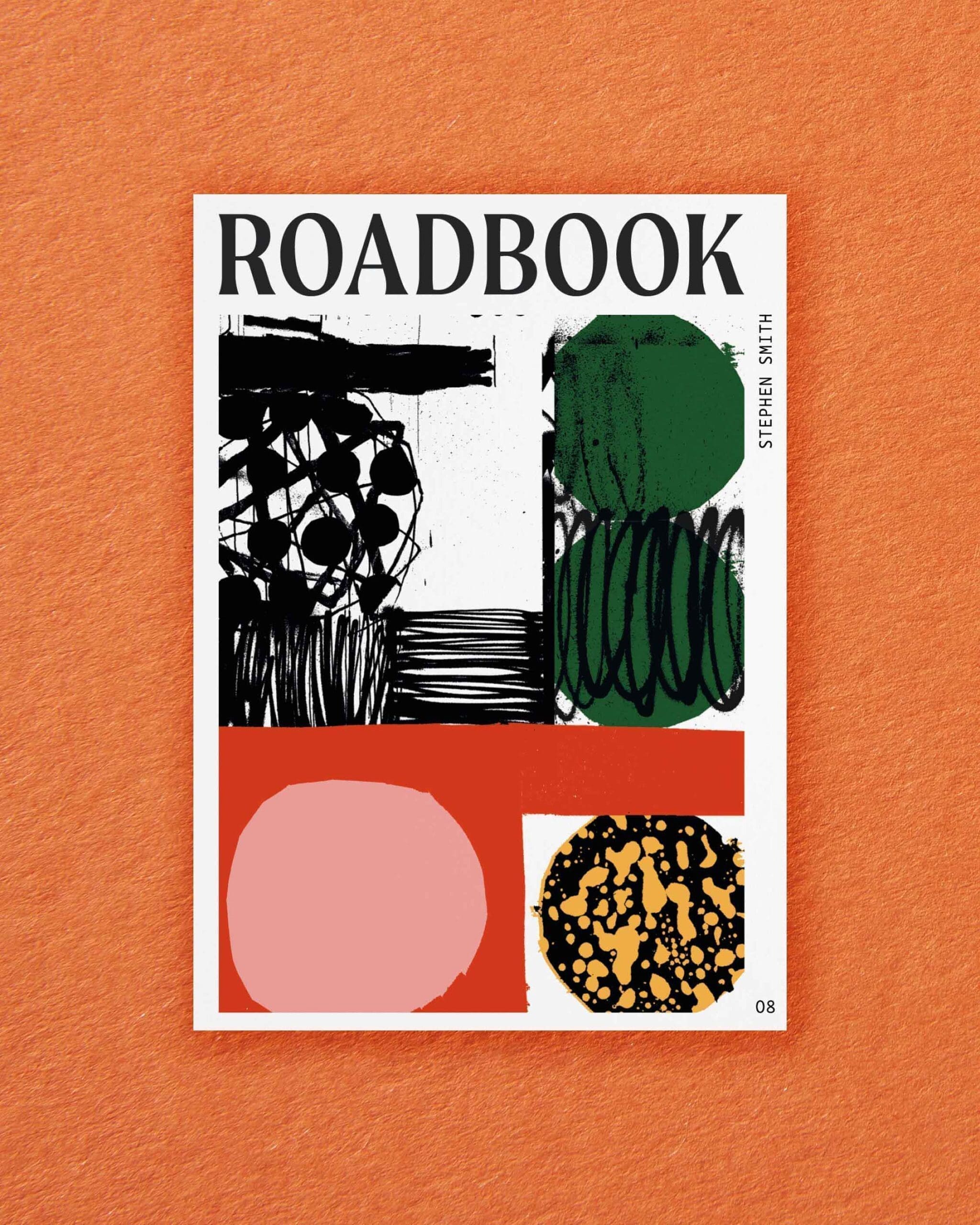 Postcards from ROADBOOK | Stephen Smith's graphic illustration, with black lines, red and pink shapes and green sketches