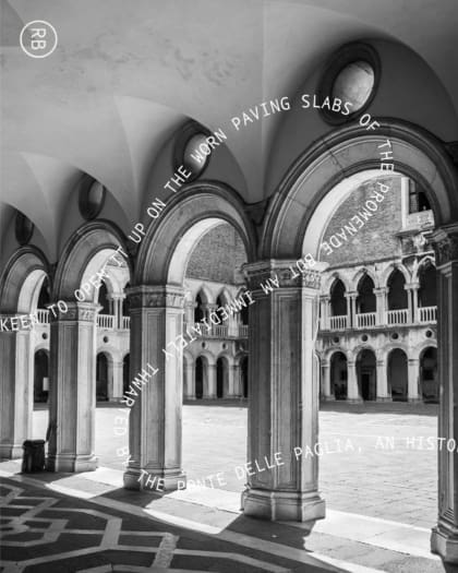 Running in Venice | Colonades overlayed with text