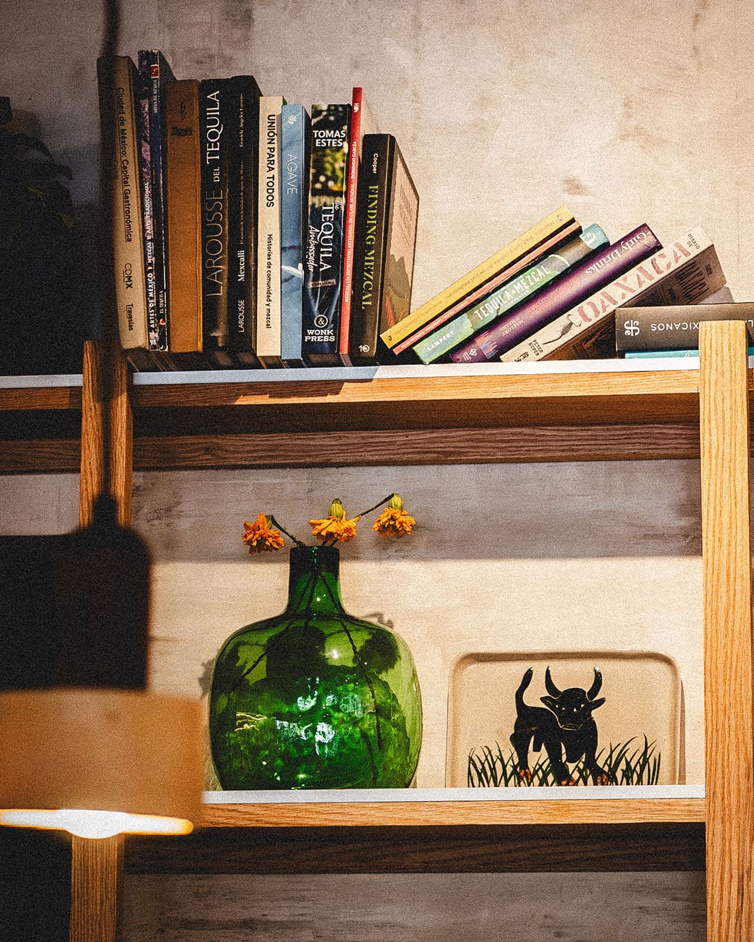 Books and curios on a shelf at Despacho Margarita