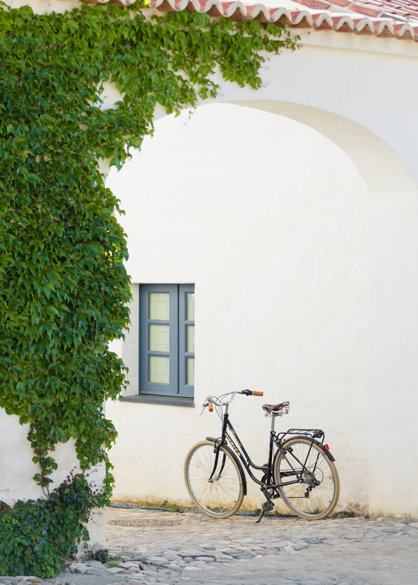 São Lourenço do Barrocal, a bicyle leans against a whitewashed building beneath a tree