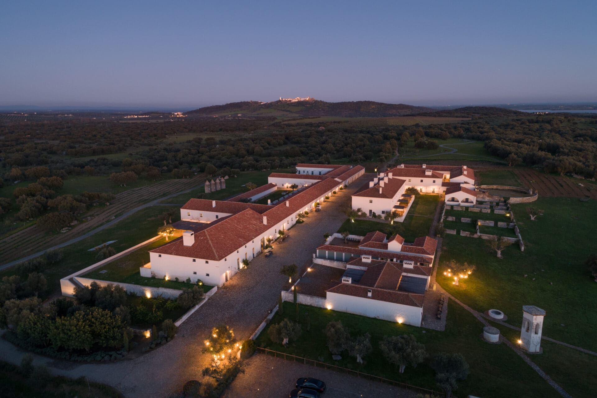 São Lourenço do Barrocal | An aerial view of the estate at dusk