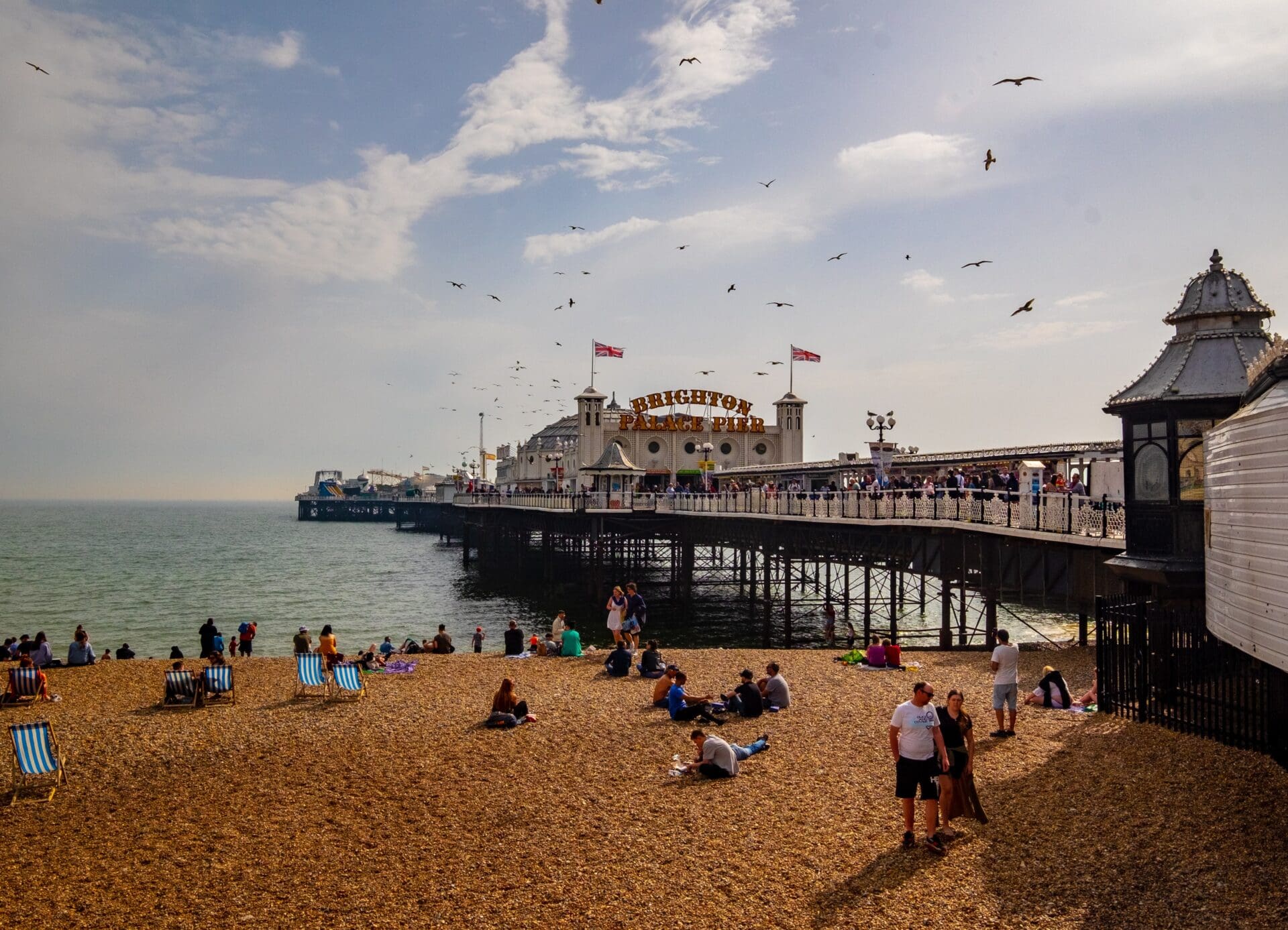 What to do in Brighton | a view of the pier in the sun, with the stoney beach and sunglasses flying overhead