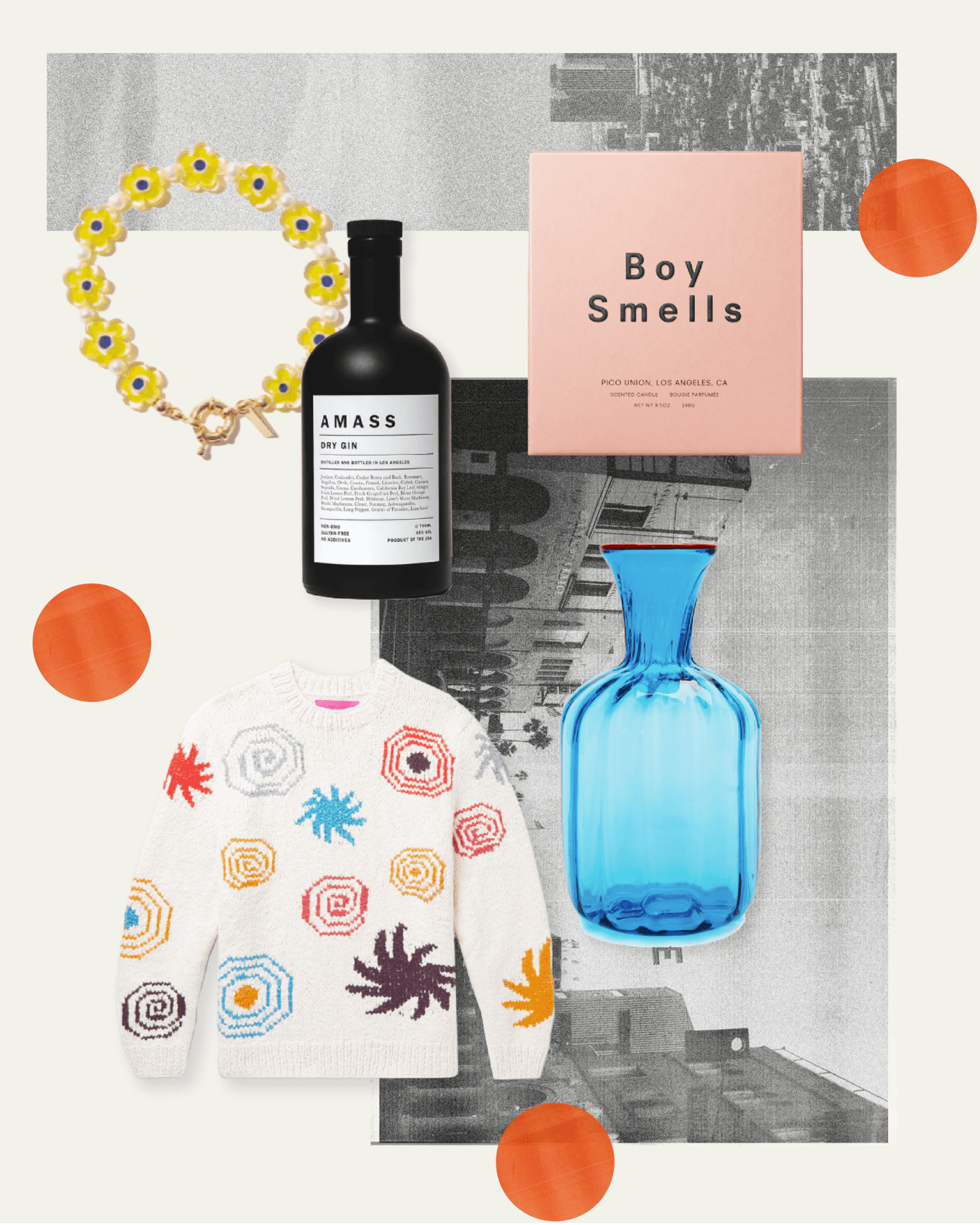 The best LA brands to help you cultivate California cool | A bracelet, patterned sweater, vase, perfume, and gin on a collage background