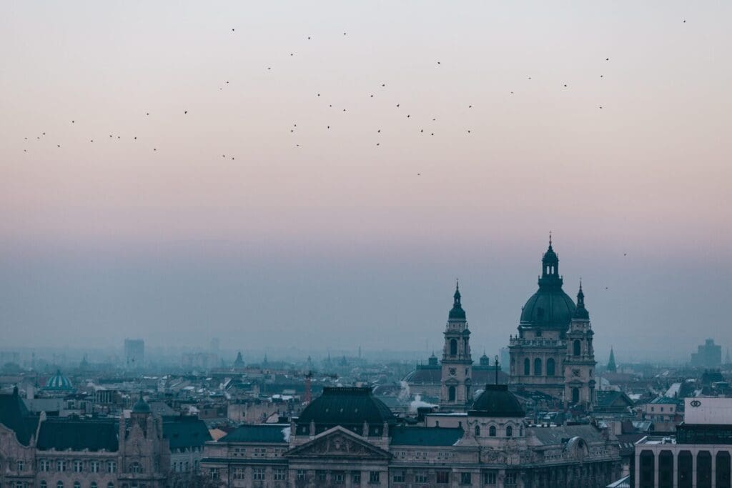 The best European cities for remote working | A cityscape view of the rooftops of Budapest at dawn, with birds flying in the sky, and St. Stephen's Basilica overlooking the roofs below.