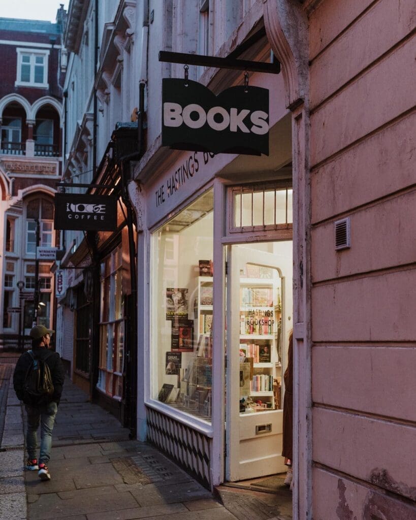 A weekend in Hastings | The storefront and sign of Hastings Bookshop in The American Ground in Hastings