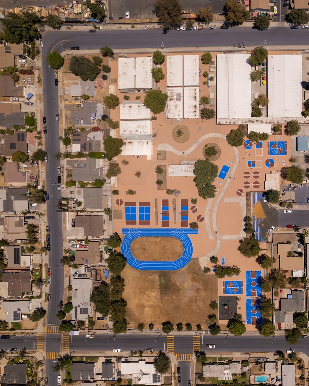 An aerial view of Pacoima featuring solar-reflective painted areas