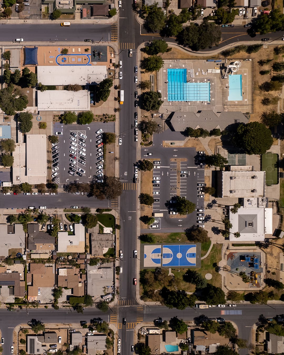 An aerial view of Pacoima featuring solar-reflective painted areas