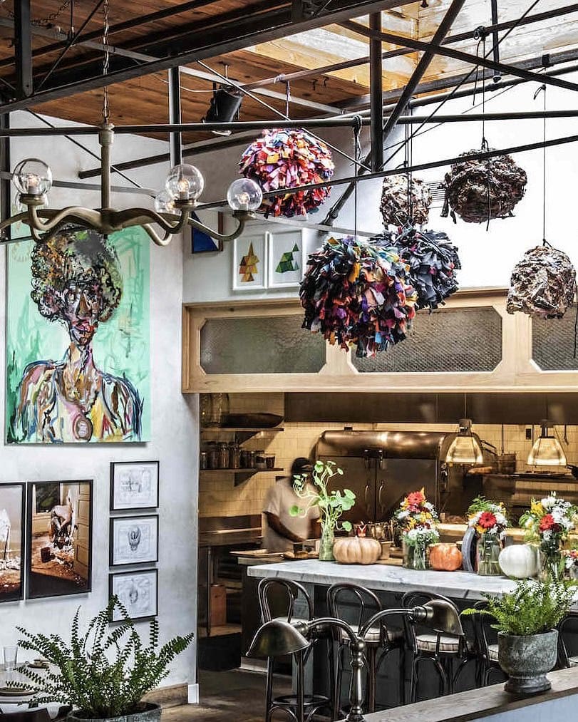 Art on display at Manuela in LA, including Phyllida Barlow’s giant pom-poms
