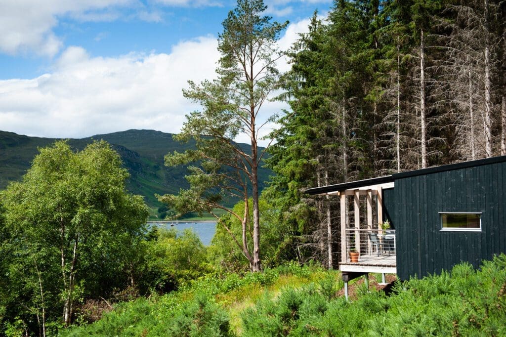 How holiday rentals are adapting for digital nomads | A dark green wooden cabin in some woods, overlooking a lake