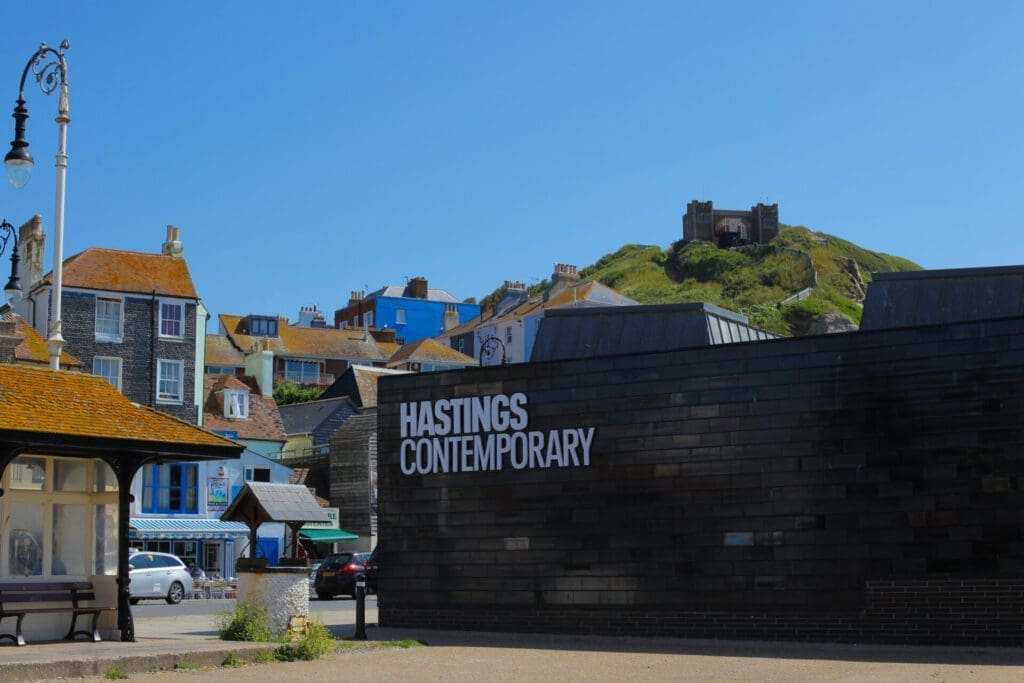 A weekend in Hastings | The exterior of Hastings Contemporary, with a hillside and the funicular station visible behind and above it