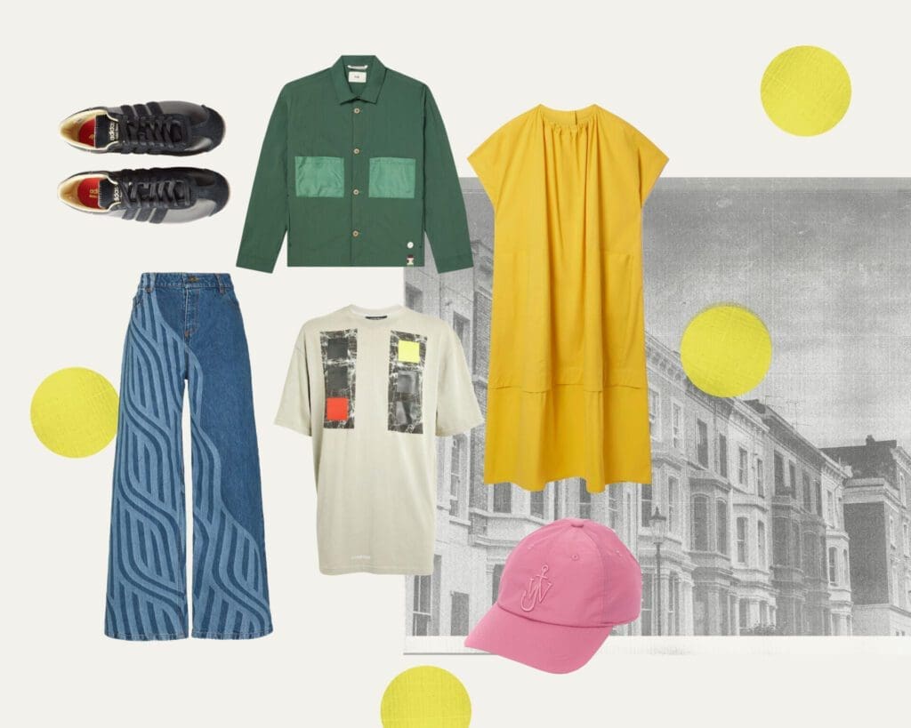 The best independent London fashion brands | Grace Wales Bonner x adidas trainers, JW Anderson cap, flared denim and a yellow dress by Toogood