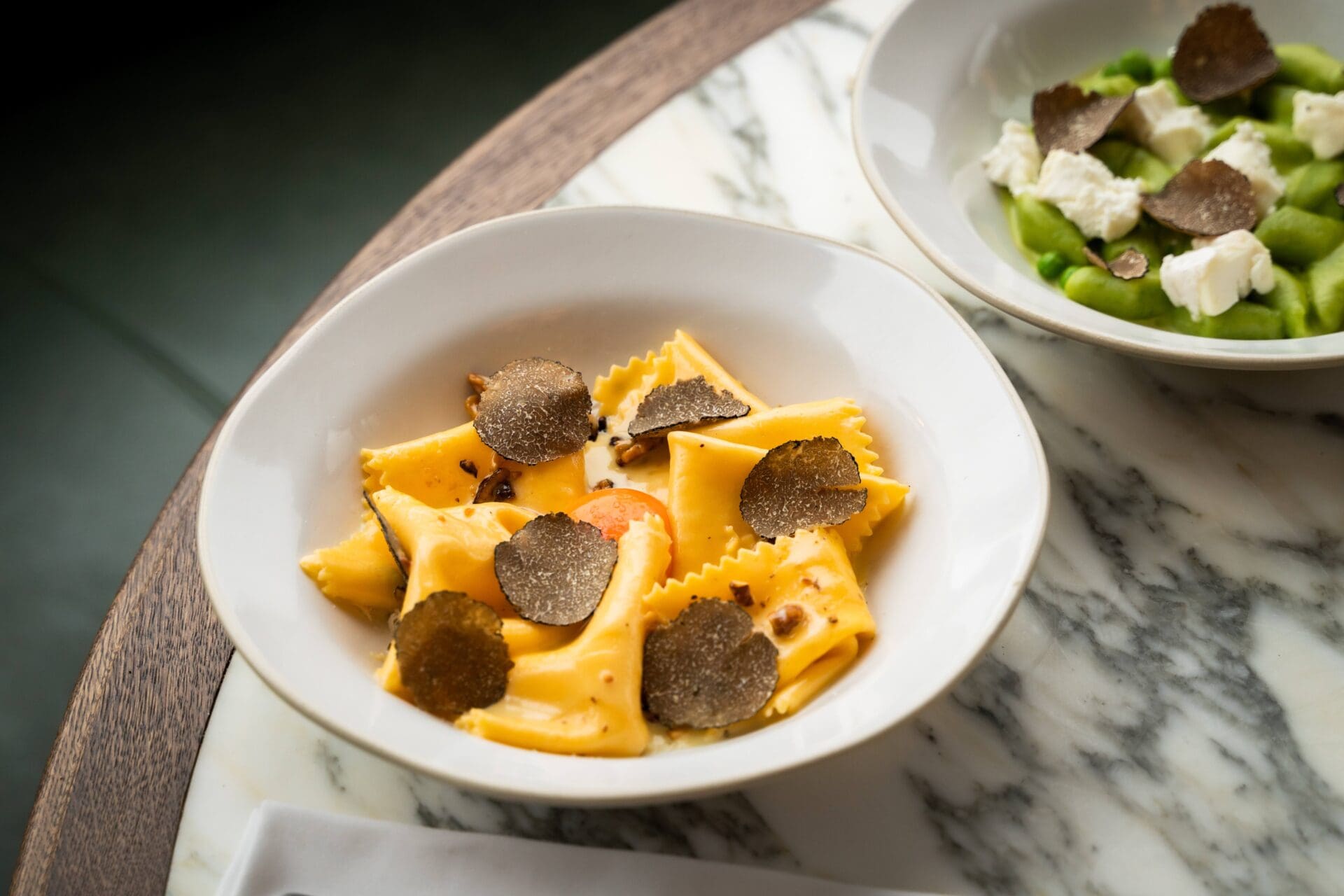 A dish of truffle pasta on a marble table at Tavolino in London Bridge