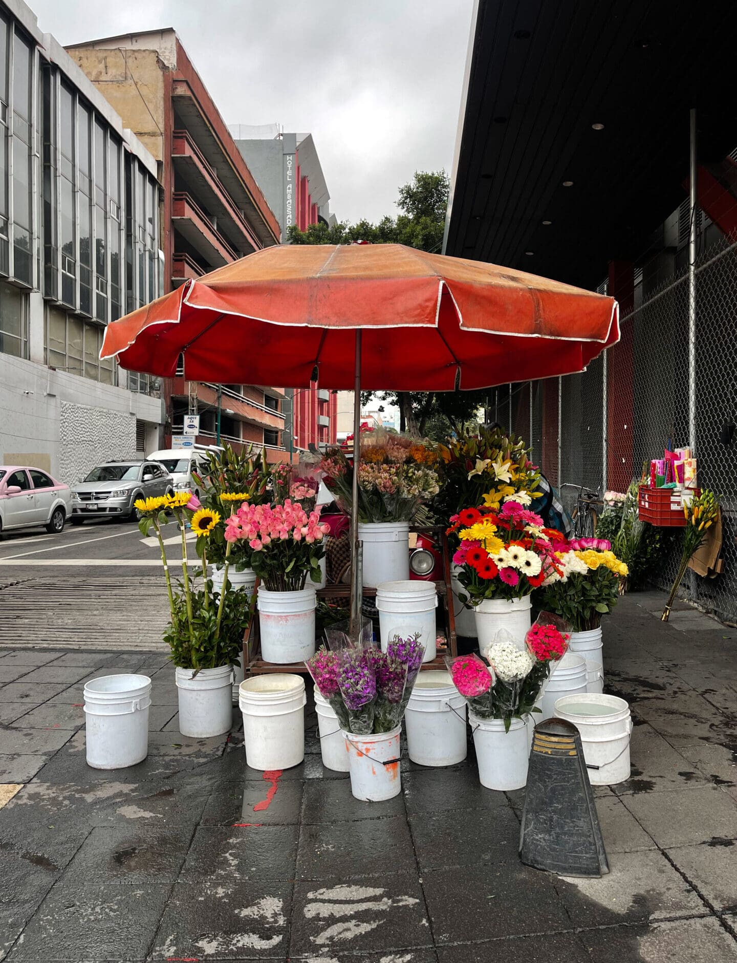 Photographer Manuel Zúñiga on Mexico City | A flower stand on a paved street, with white buckets filled with flowers in pink, purple, red, yellow and white, under a faded orange umbrella