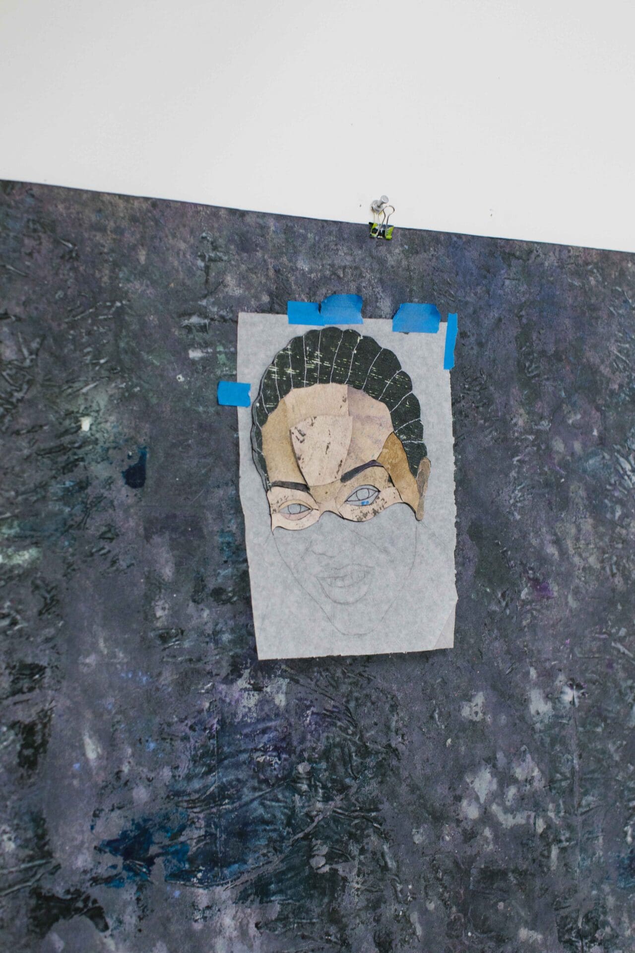 Felipe Baeza | A collage work taped to a wall in the studio of Felipe Baeza.