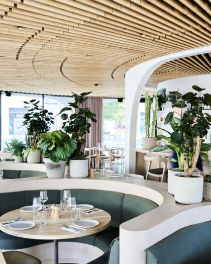 The relaxed interior of Vardo, a coffee and brunch spot on Duke of York Square in Chelsea