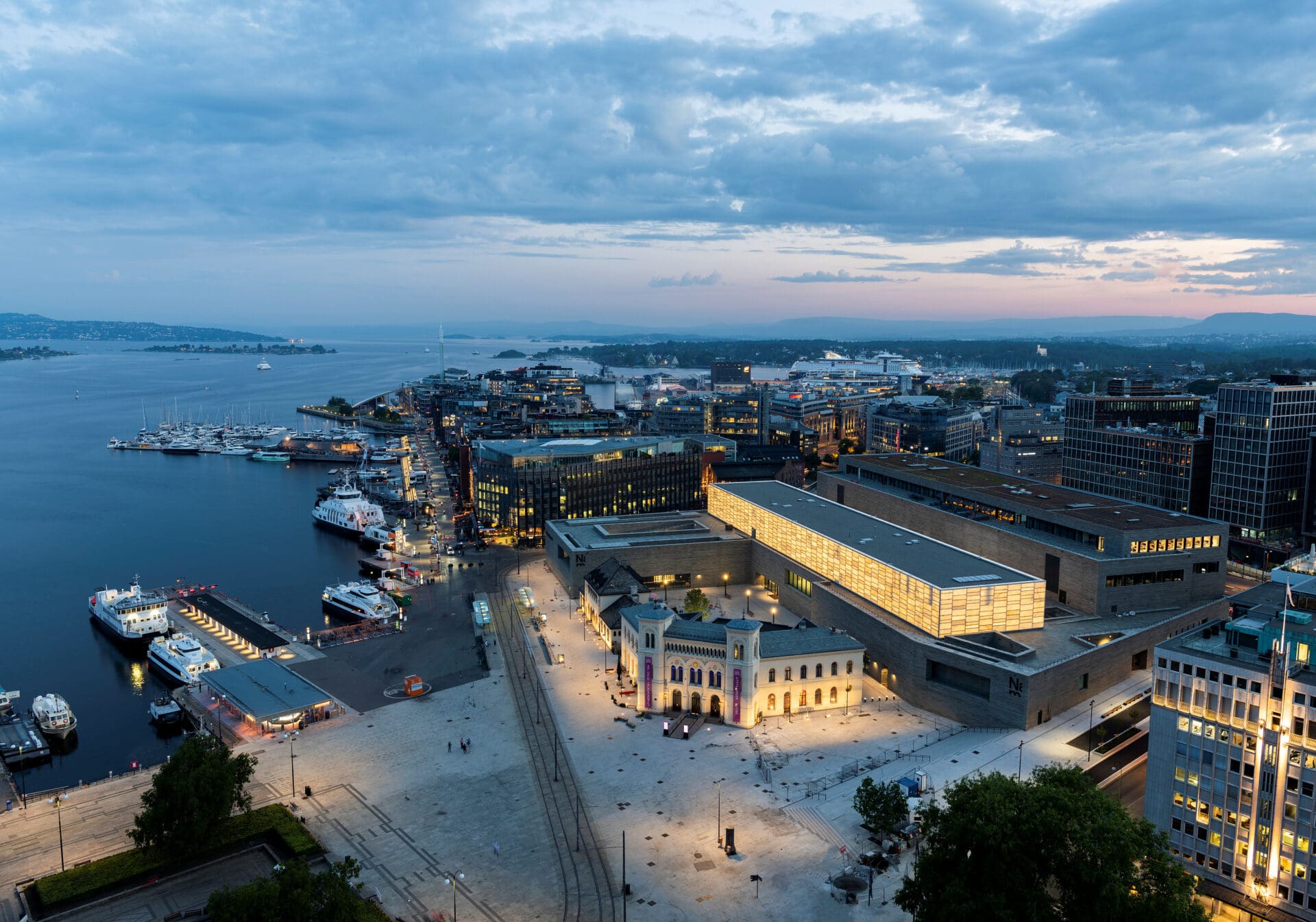 A view of which The National Museum, Oslo, with a backdrop of the ocean