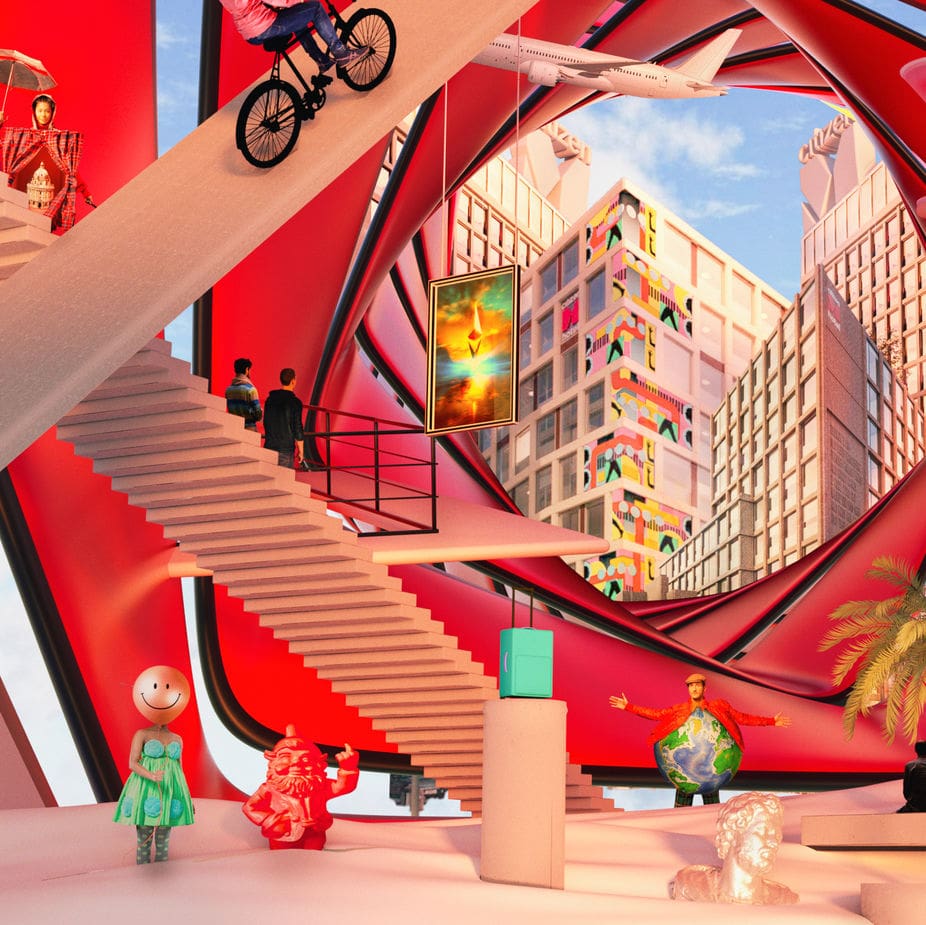 The digital metaverse hotel by Citizen M in bright red tones