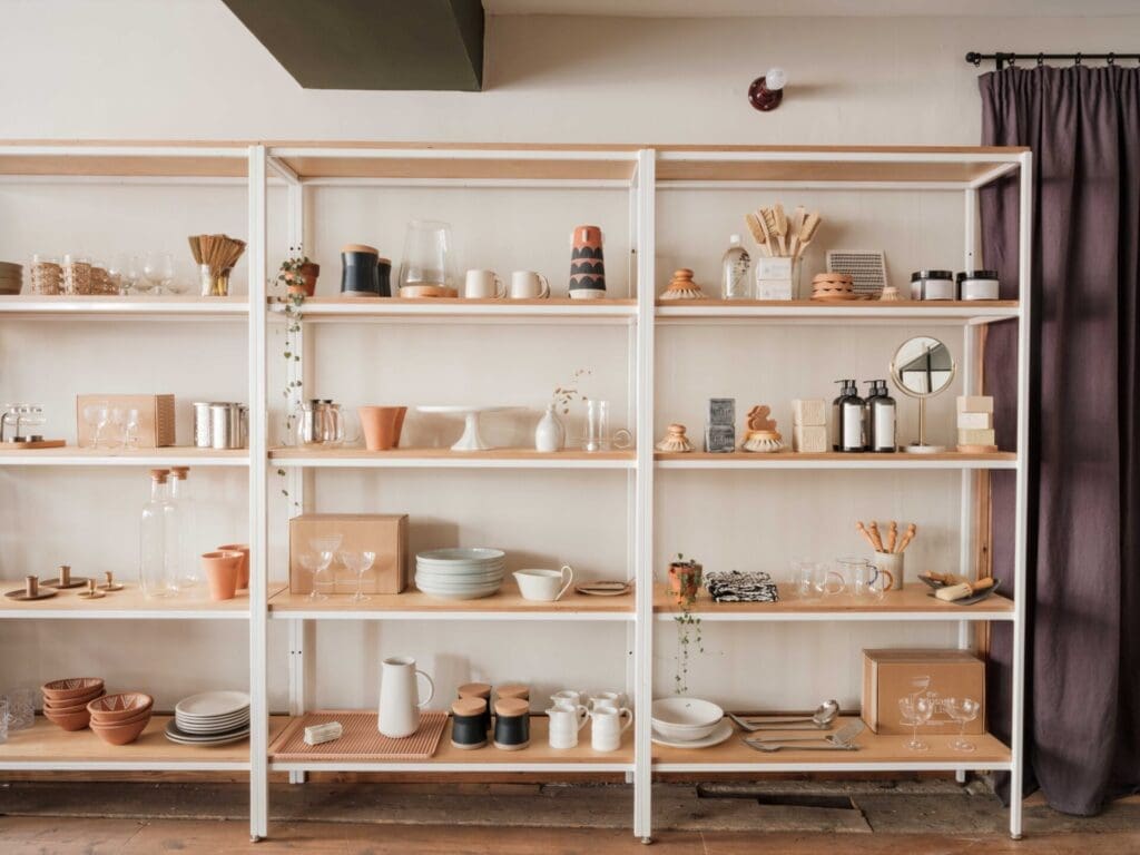 Pale wooden shelves lined with ceramics and curios at The Space at Caro, Bruton