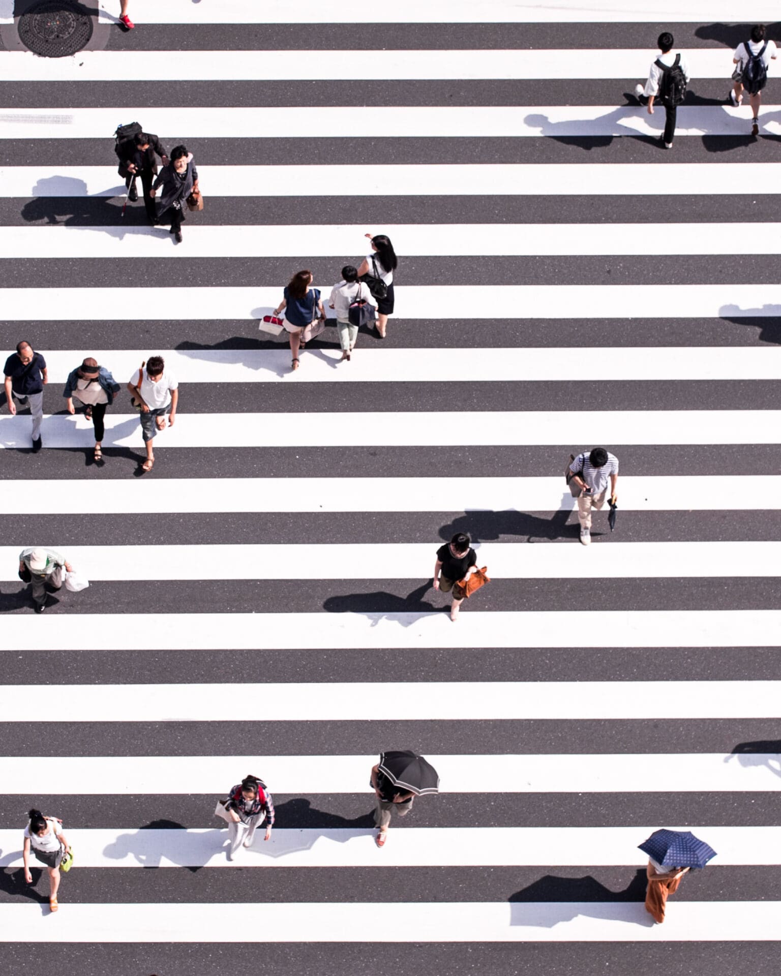 An aerial view of people in Japan on a set of steps