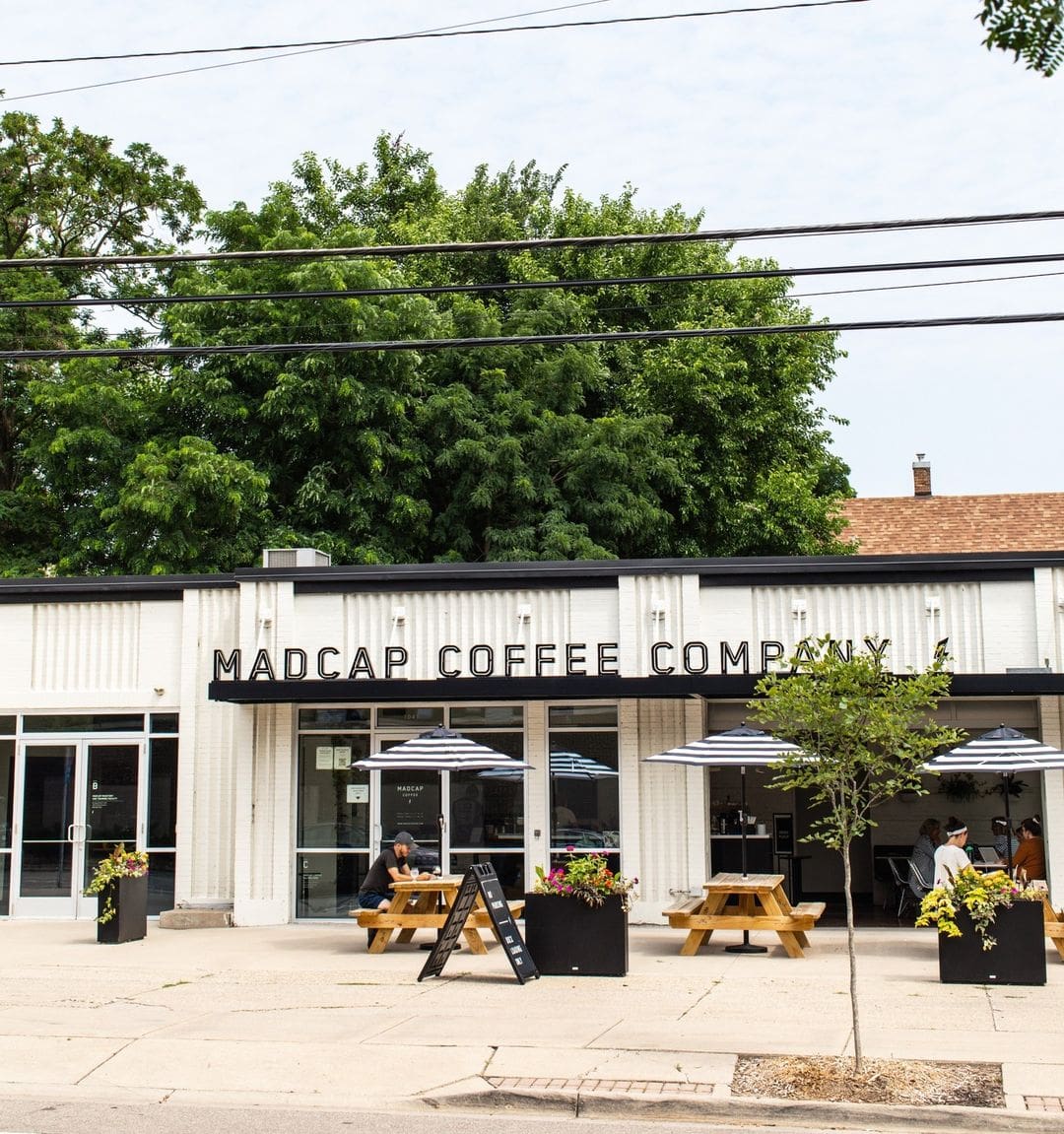 The exterior of a Madcap coffee shop in Grand Rapids, Michigan