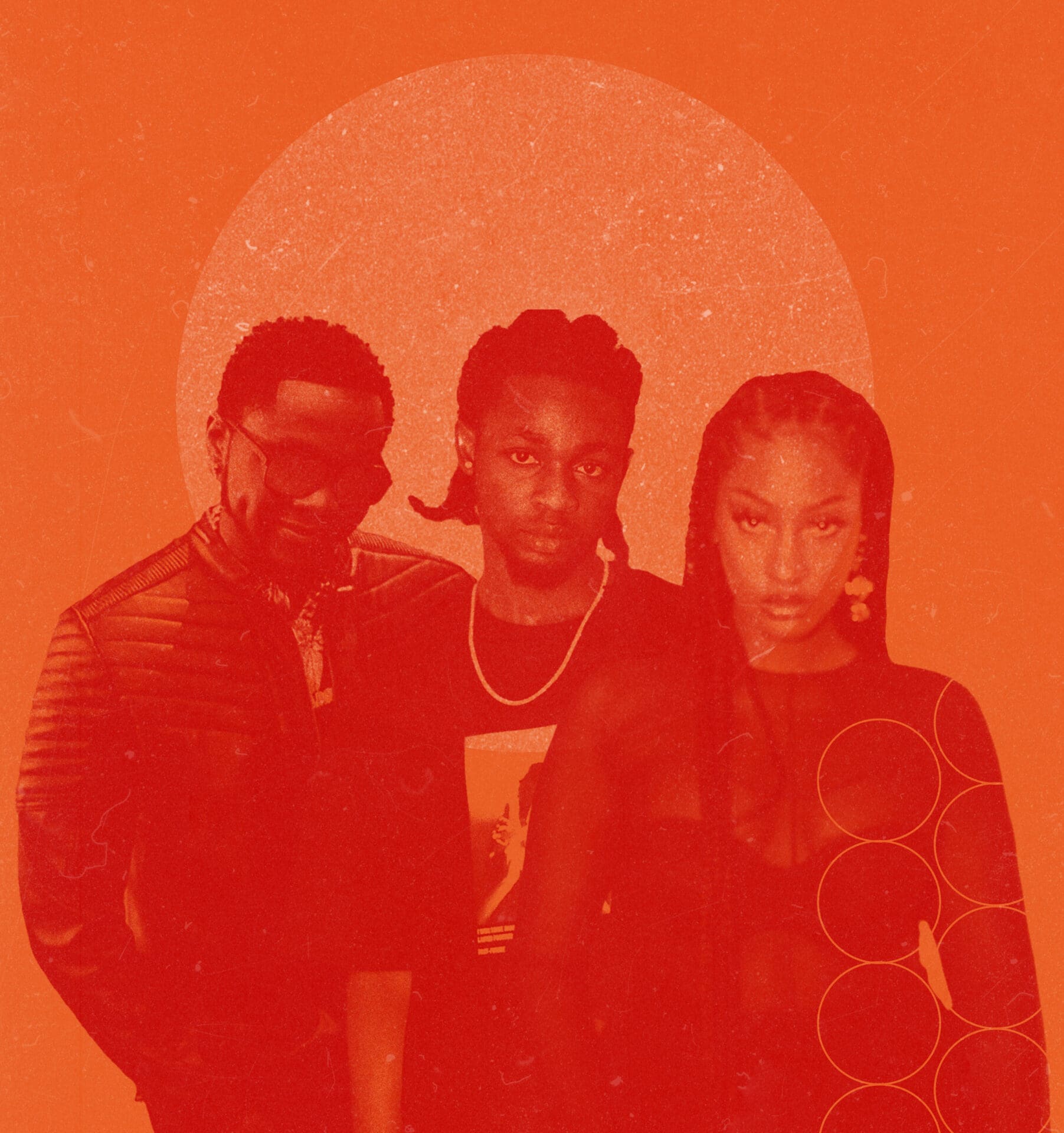 A red and orange graphic collage featuring Afropop superstars Kizz Daniel, Omah Lay and Tems