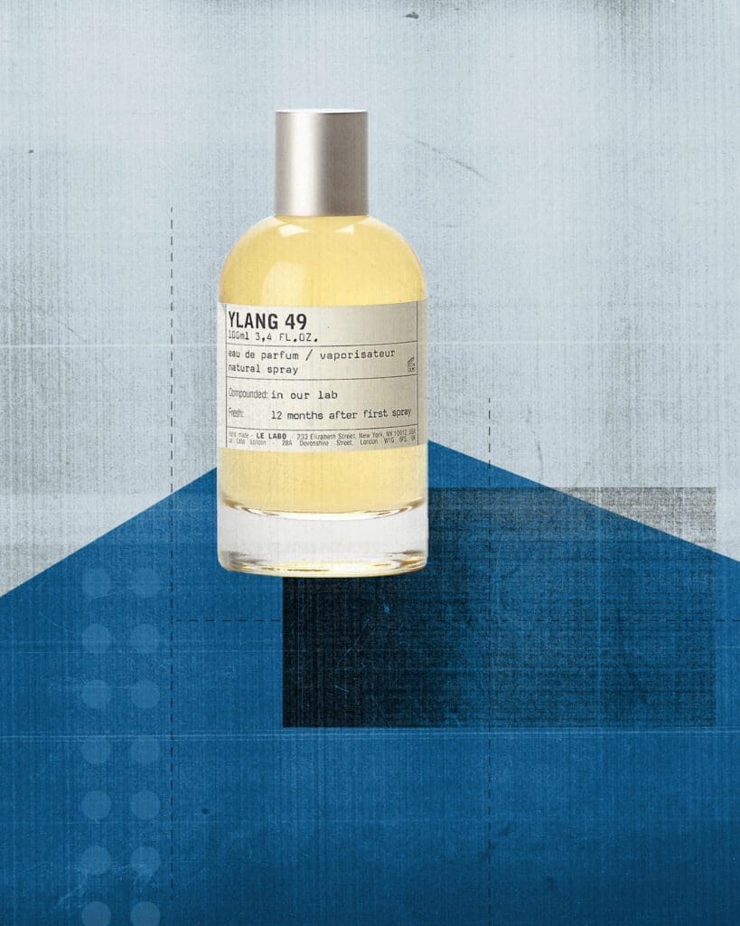Travel-inspired fragrance | Ylang 49 by Le Labo against a blue collage background