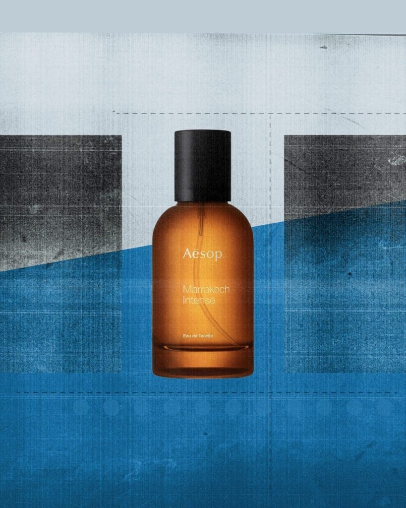 Travel-inspired fragrance | Marrakech by Aesop, against a blue graphic background