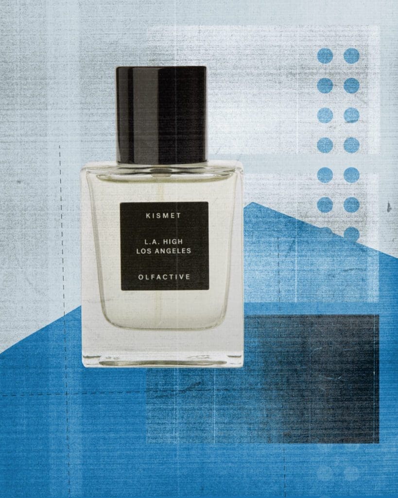 Travel-inspired fragrance | LA High by Kismet, against a blue graphic background