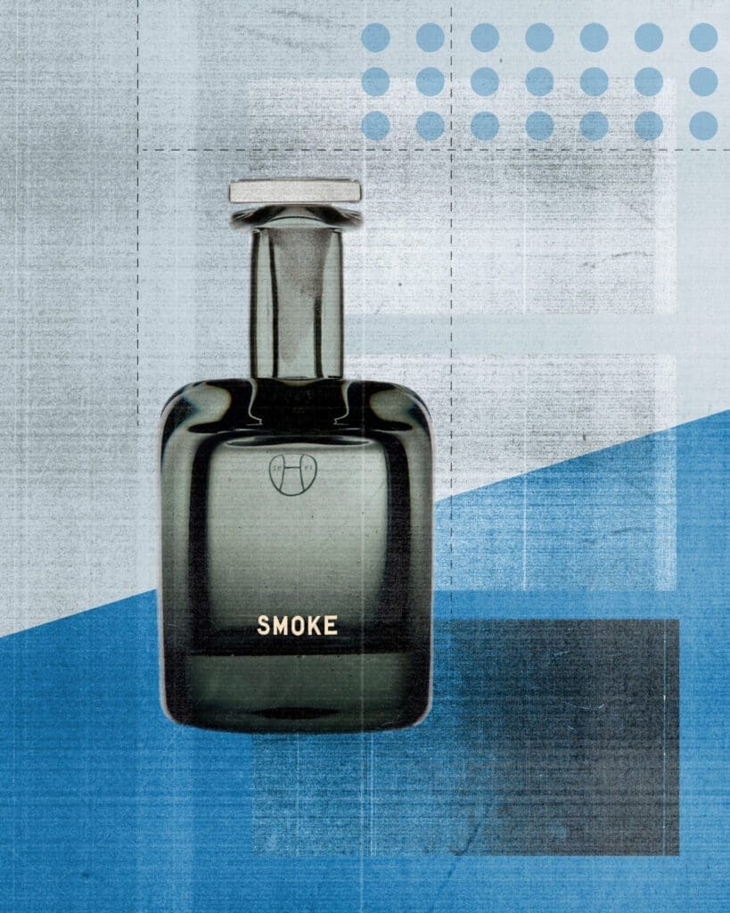 Travel-inspired fragrance | Smoke noise by Perfumer H, against a blue graphic background