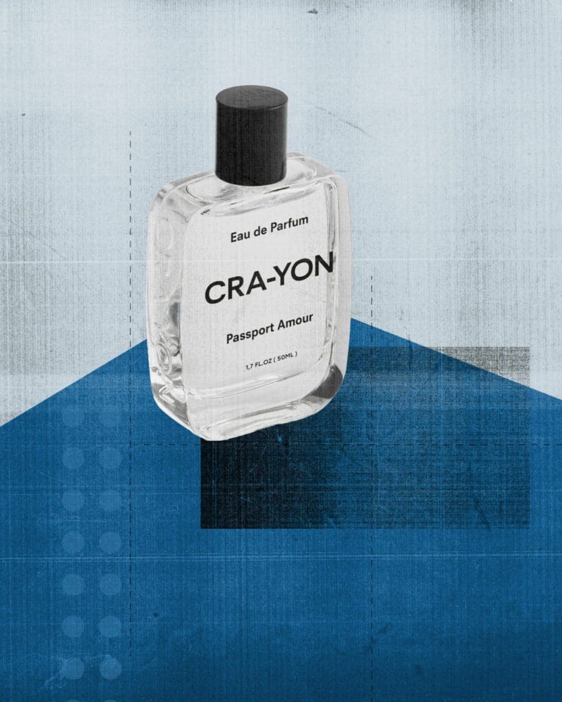 Travel-inspired fragrance | Passport Amour by CRA-YON, against a blue graphic background