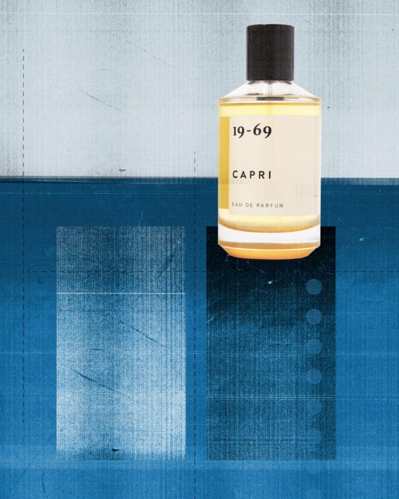 Travel-inspired fragrance | Capri by 19-69, against a blue graphic background