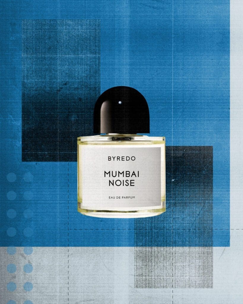 Travel-inspired fragrance | Mumbai noise by Byredo, against a blue graphic background