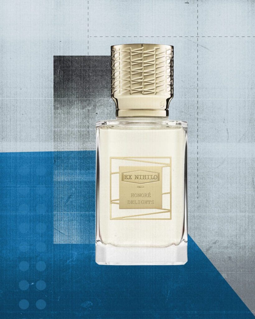Travel-inspired fragrance | a bottle of Ex Nihilo perfume against a blue backdrop