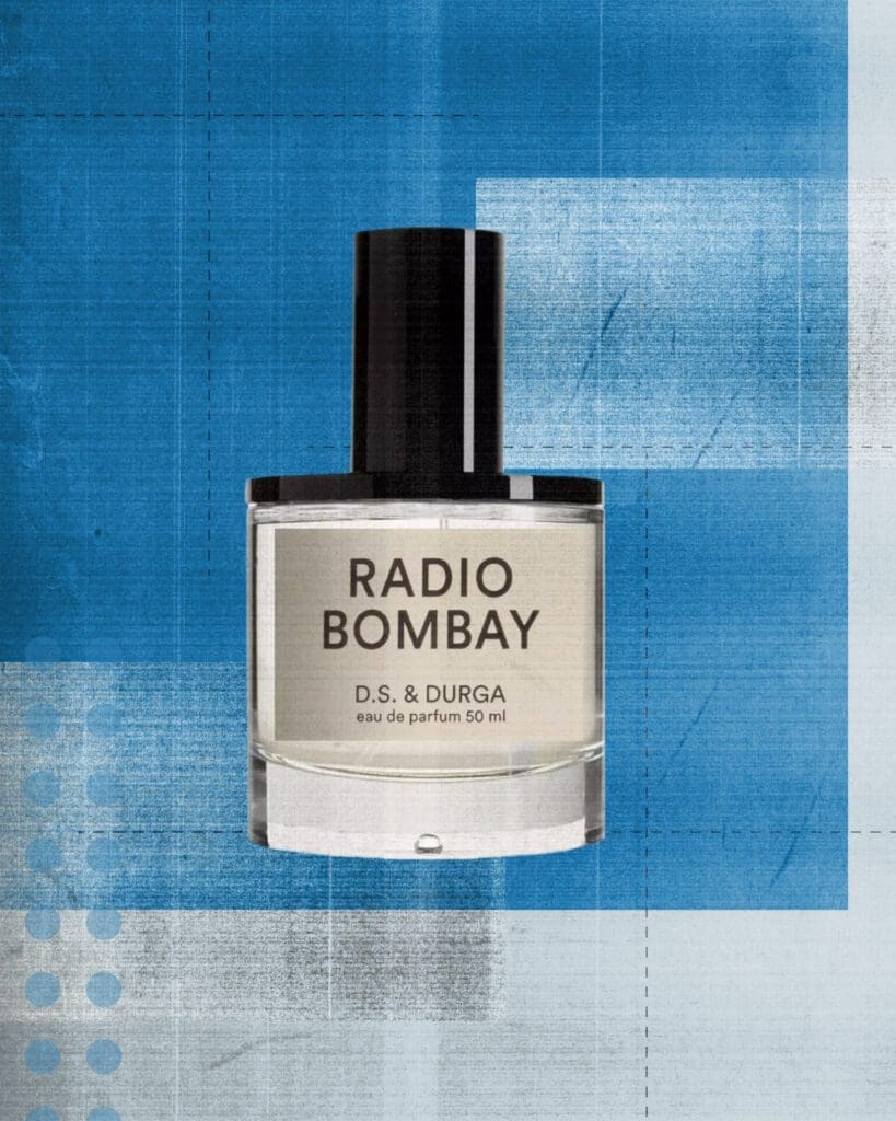 Travel-inspired fragrance | Radio Bombay by DS & Durga, against a blue graphic background